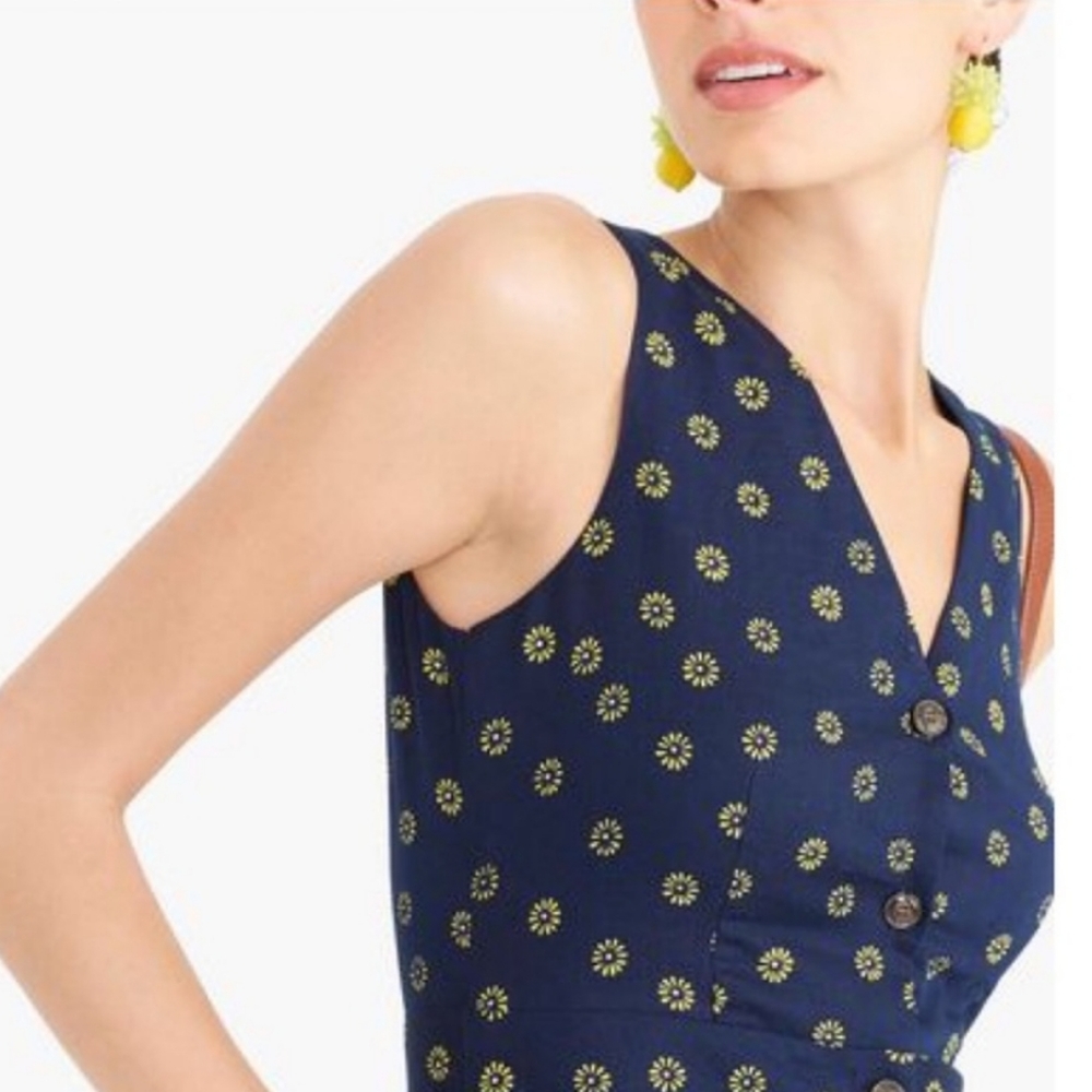 J Crew Navy Blue Yellow Linen Floral Button Front Sunflower Dress